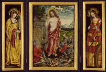 Kleiner Flügelaltar mit der Auferstehung Christi, St. Barbara (linker Flügel) und St. Katharina (rechter Flügel), 1508-10